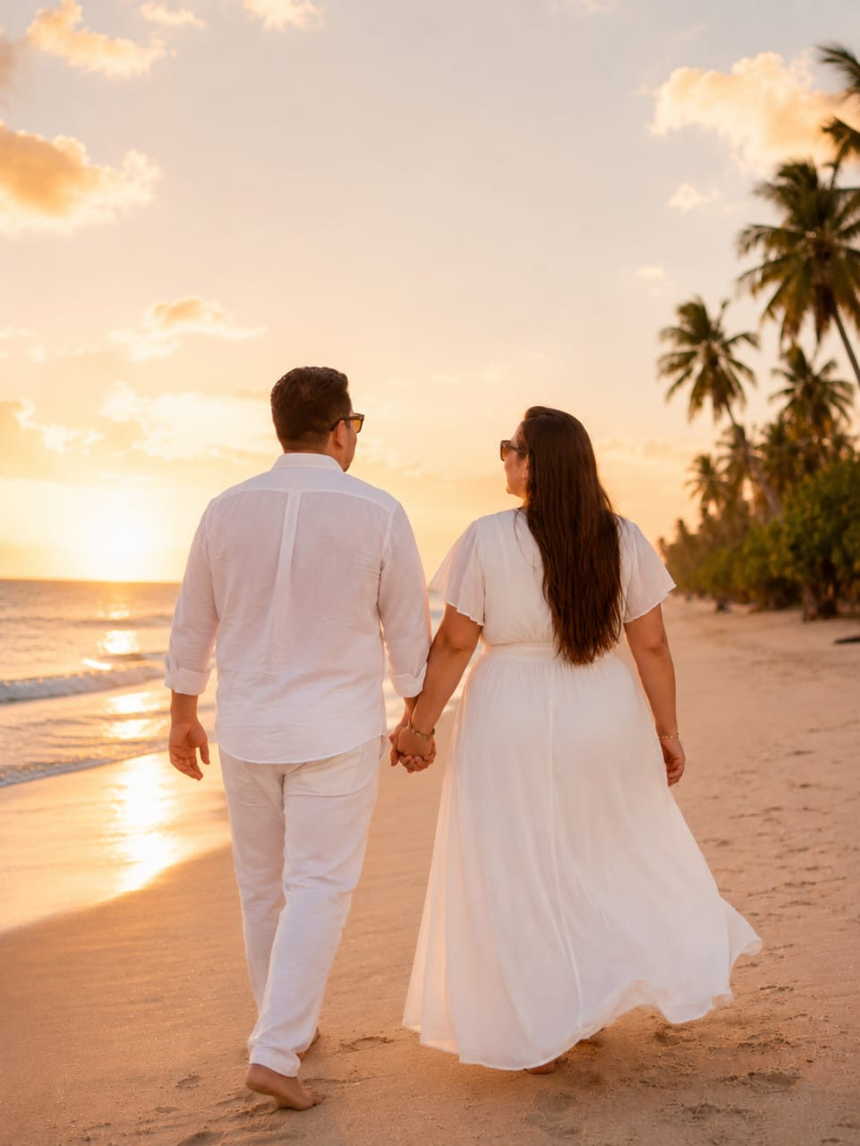 Luis y Mayra caminando hacia el atardecer